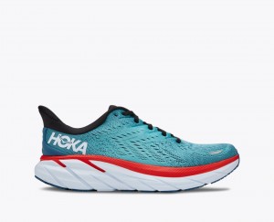 Turquoise / Red HOKA Clifton 8 Men's Running Shoes | 469827RFT