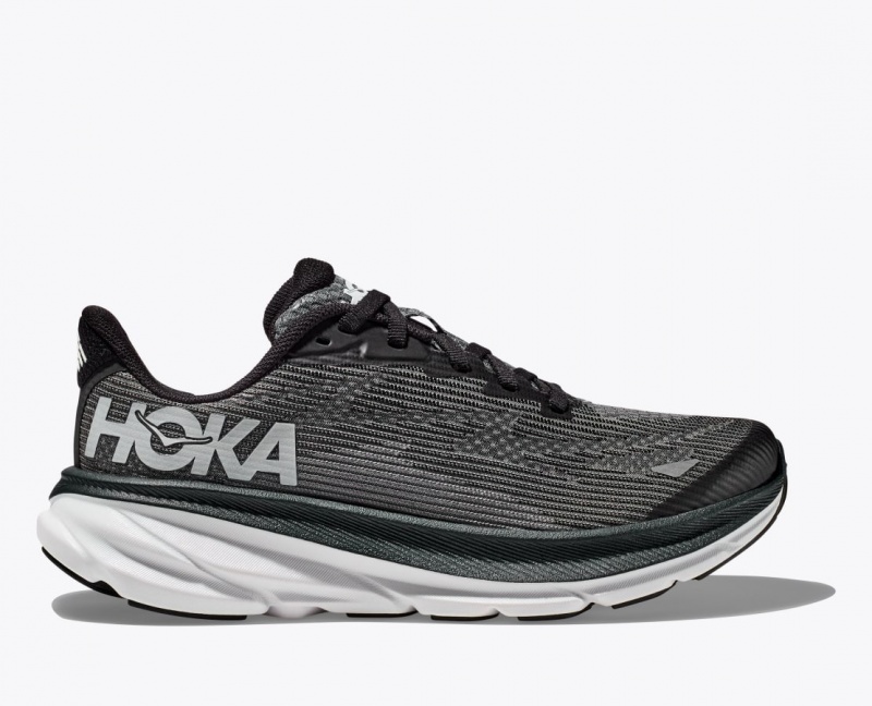 Black / White HOKA Clifton 9 Kids\' Running Shoes | 274019JKP